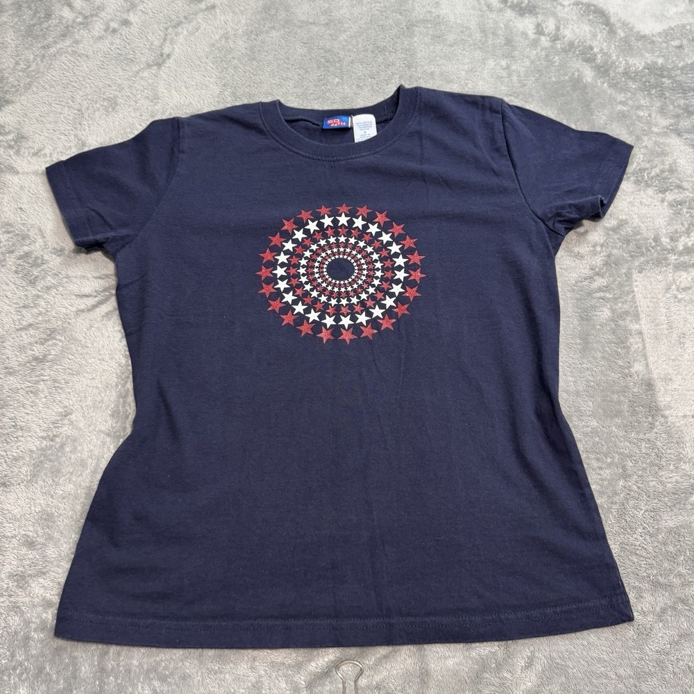 VTG Y2K SO 4th Spiral Star Baby Tee Style Shirt Womens S USA Patriotic Festival